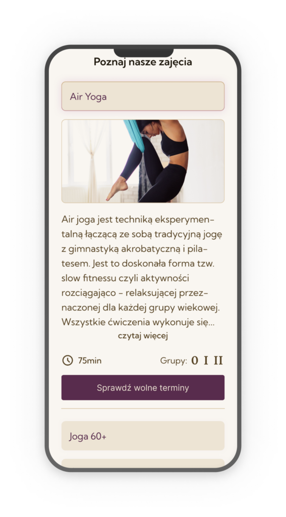 screen sekcji zajęcia w wersji mobilnej