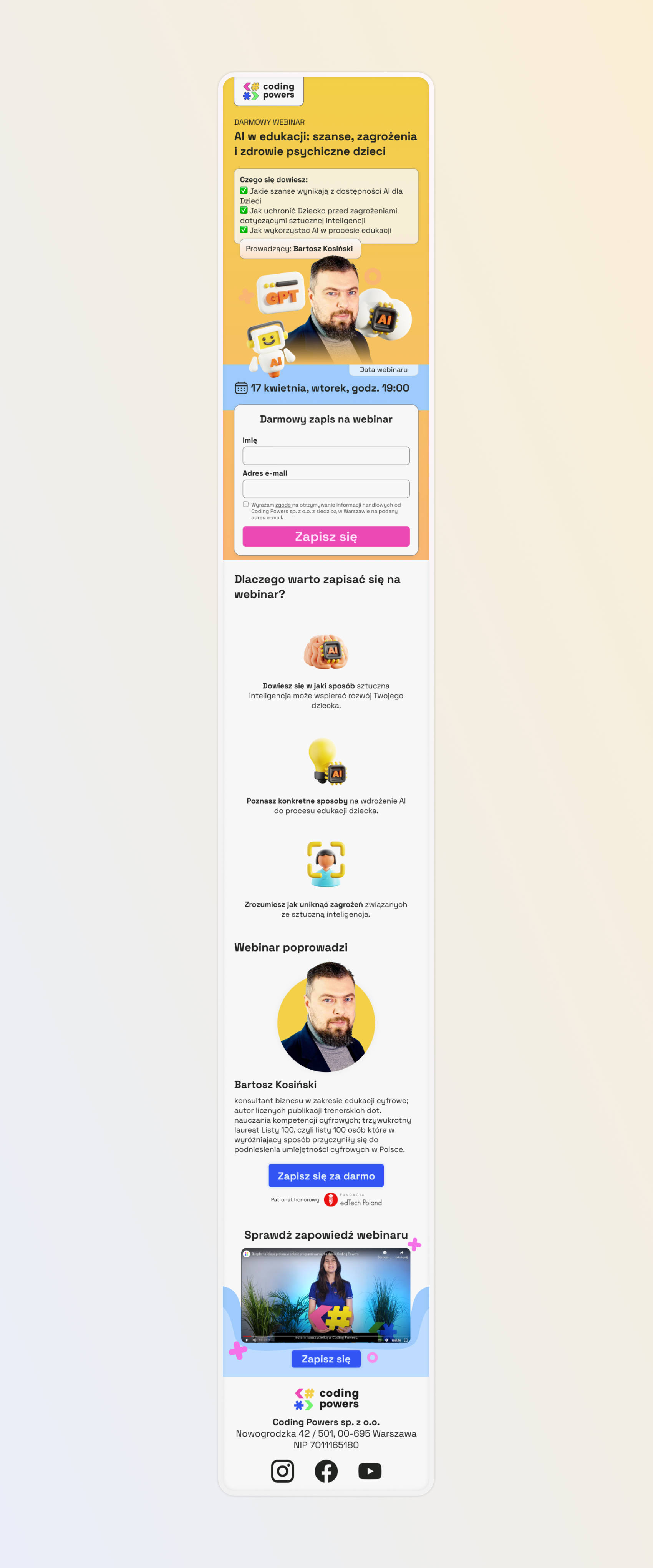 obrazek przedstawia widok mobile landing page'a Webinar AI