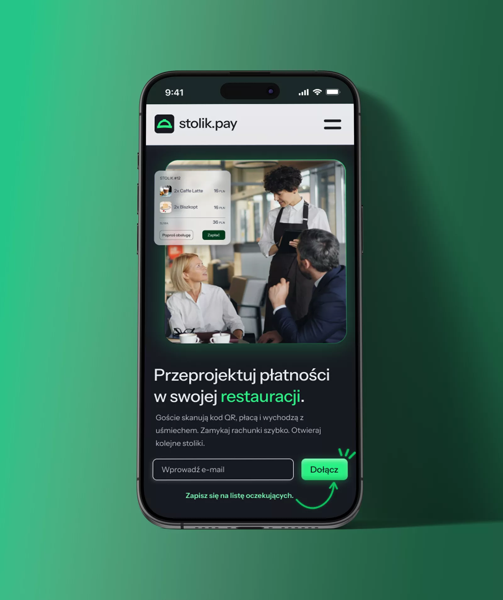 widok wersji mobile landing page'a - sekcja hero