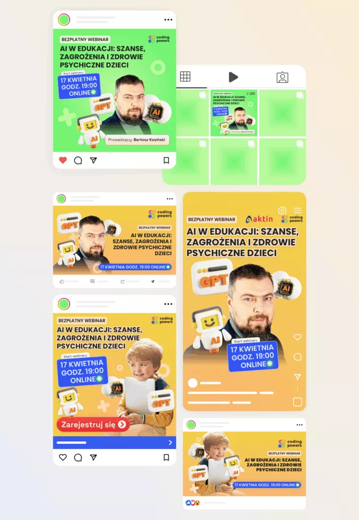obrazek przedstawia reklamy do social media promujące webinar o AI